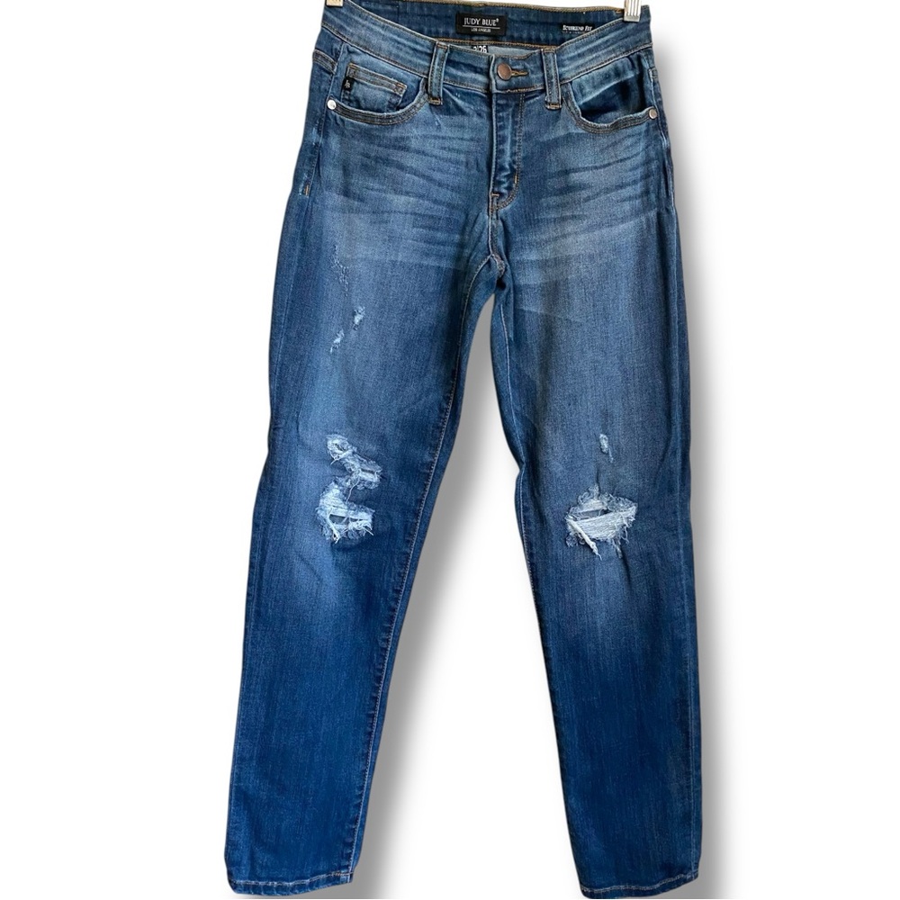 Judy Blue Boyfriend Jeans Classic Blue Distressed Knee Denim Jeans